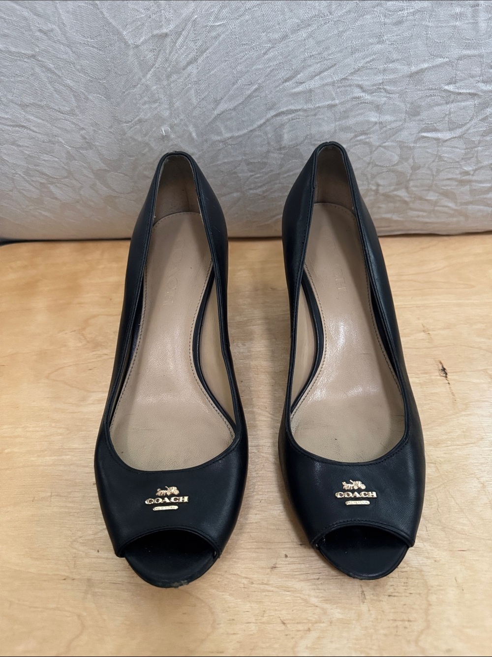 COACH Black Leather Peep-Toe Heels with Gold Logo
